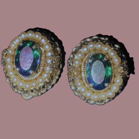 Vintage Gemstone Pearl and Gold West Germany Made Clip-On Earrings EUC - Picture 7 of 12